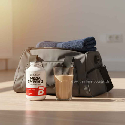 BioTechUSA Mega Omega 3 Nahrungsergänzungsmittel neben einem Proteinshake und Sporttasche