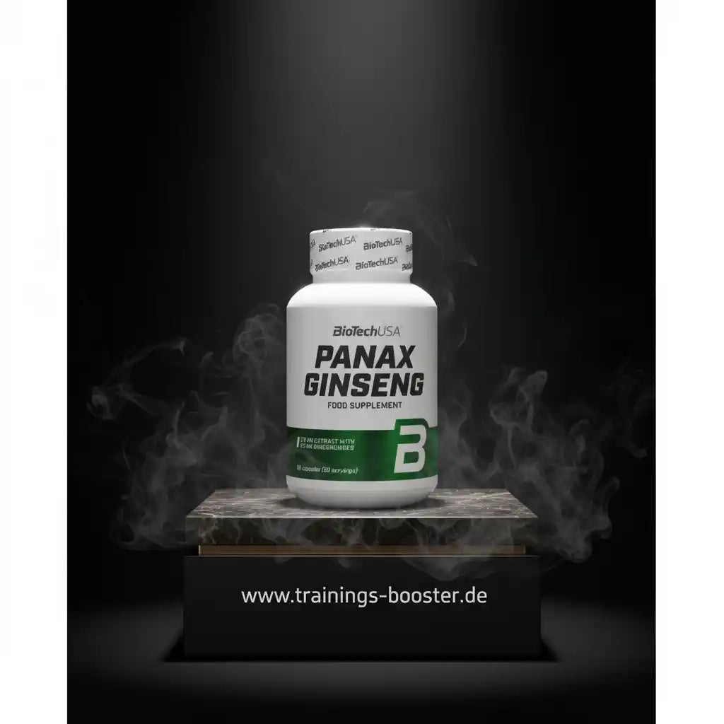 BioTechUSA Panax Ginseng Nahrungsergänzungsmittel auf dunklem Podest mit Raucheffekt