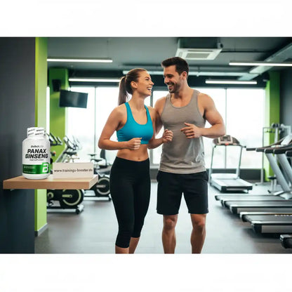 Paar im Fitnessstudio mit Panax Ginseng Nahrungsergänzungsmittel für Training und Energie