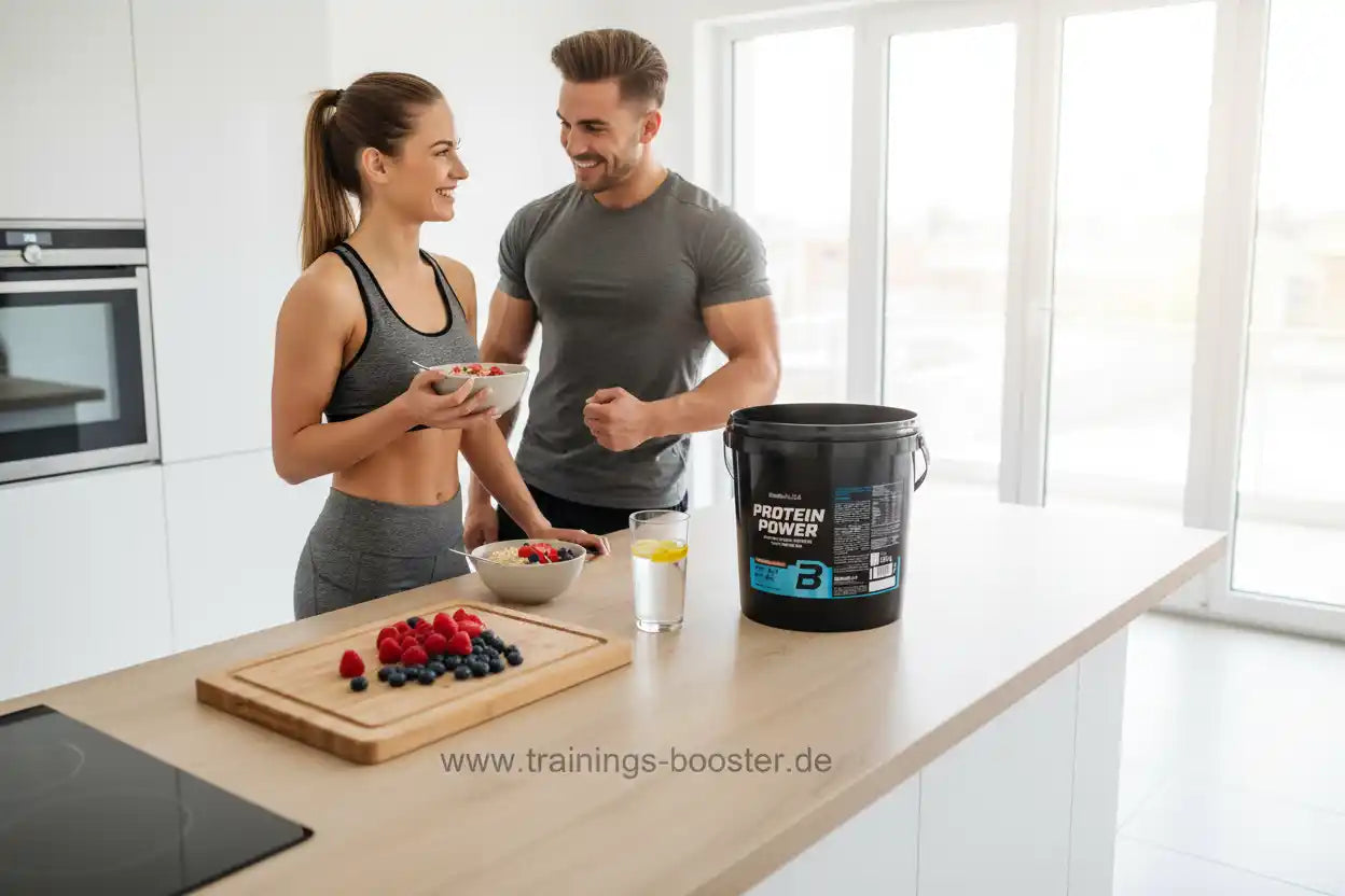 Paar in Sportkleidung mit Protein Power Eiweißpulver und frischen Beeren in moderner Küche