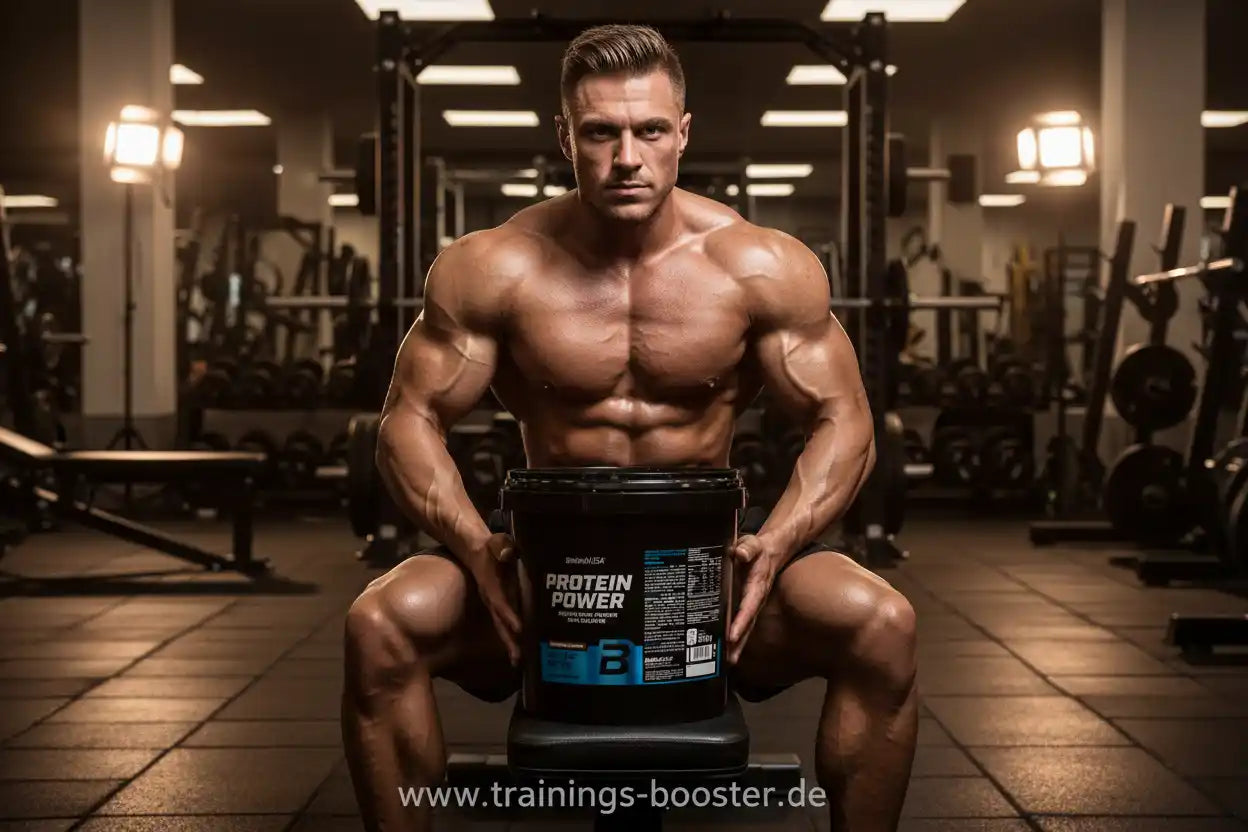 Muskulöser Athlet mit Protein Power Eiweißpulver im Fitnessstudio – ideal für Krafttraining und Muskelaufbau