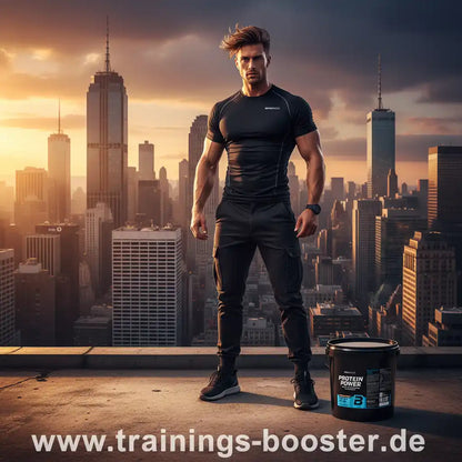 Muskulöser Mann mit Protein Power Eiweißpulver vor Skyline – ideal für Fitness & Training