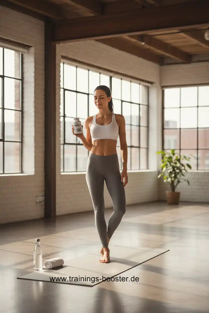 Frau mit Sportnahrung und Fitnessmatte in Loft-Studio
