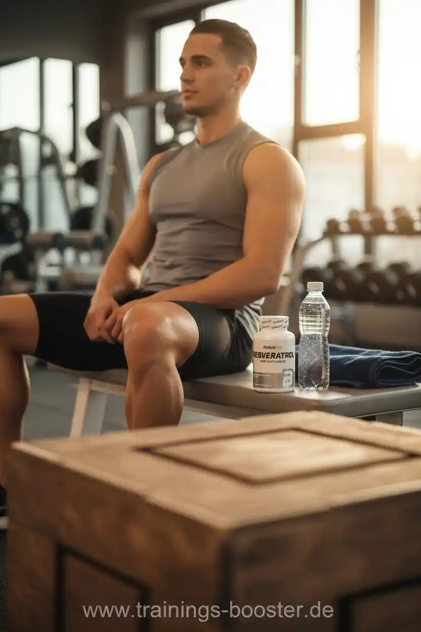 Muskulöser Mann im Fitnessstudio mit Resveratrol-Booster und Wasserflasche