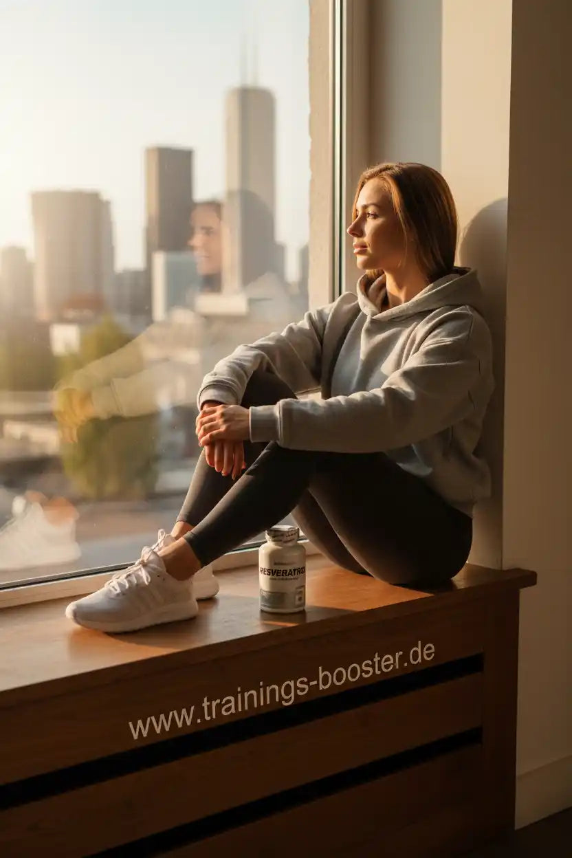 Frau mit Sportkleidung sitzt am Fenster, neben ihr Nahrungsergänzungsmittel-Flasche – ideal für Training & Fitness