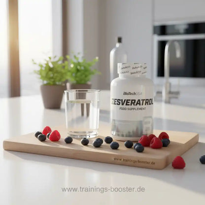 Resveratrol Nahrungsergänzungsmittel mit Beeren und Wasser auf Holzbrett in moderner Küche