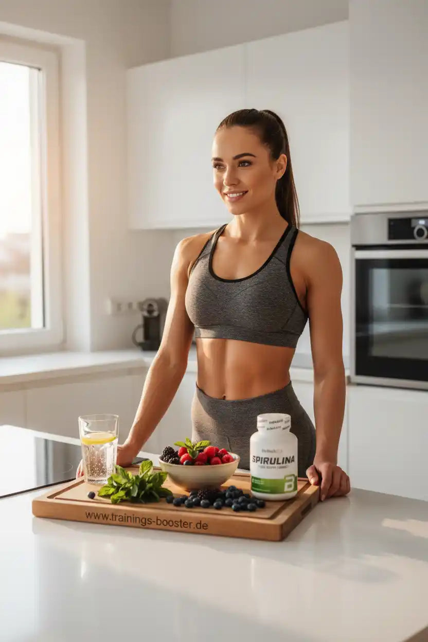 Frau mit Spirulina-Booster, Beeren und Wasser in der Küche – Fitness & Sportnahrung