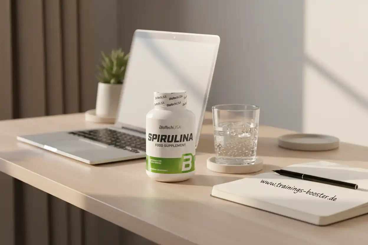 Spirulina Nahrungsergänzungsmittel von BioTechUSA auf Schreibtisch mit Laptop und Wasser