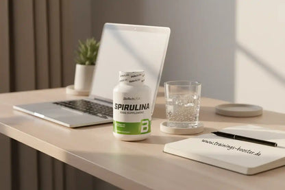 Spirulina Nahrungsergänzungsmittel von BioTechUSA auf Schreibtisch mit Laptop und Wasser