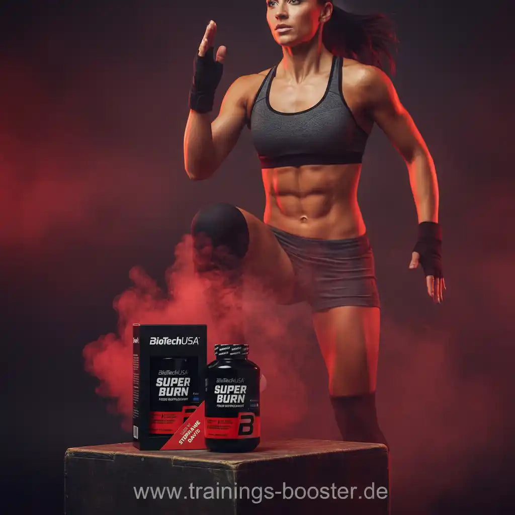 BioTechUSA Super Burn Fatburner mit sportlicher Frau im Training, ideal für Fitness & Muskelaufbau