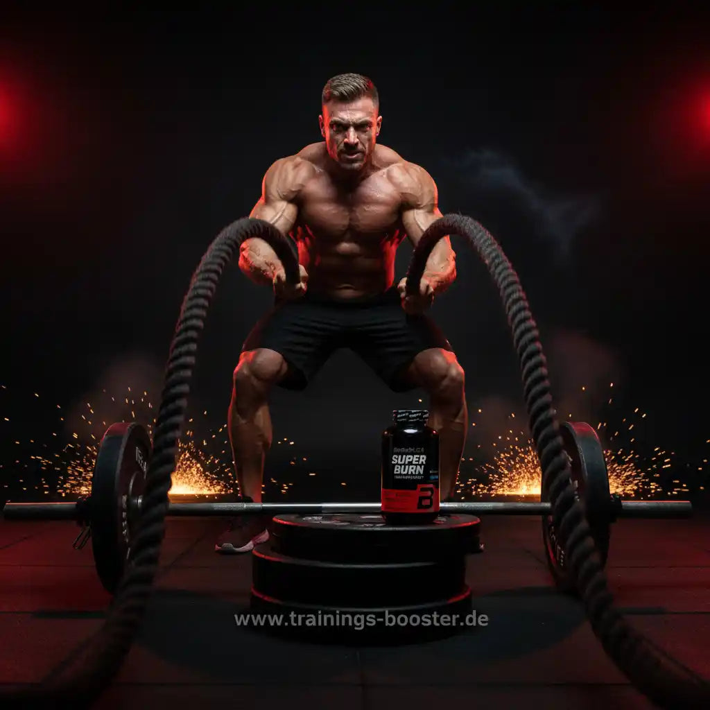 Muskulöser Athlet mit Battle Ropes und Super Burn Fatburner vor Gewichten – ideal für Intensivtraining und Muskelaufbau