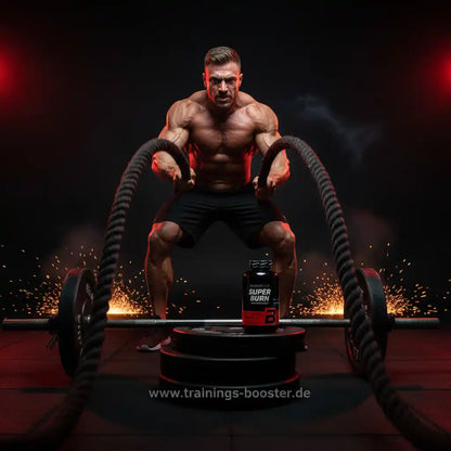 Muskulöser Athlet mit Battle Ropes und Super Burn Fatburner vor Gewichten – ideal für Intensivtraining und Muskelaufbau