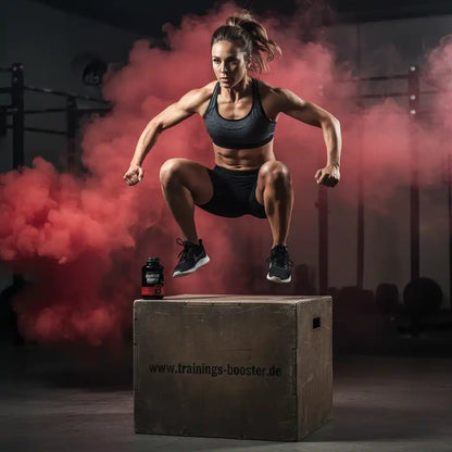Frau beim Boxspring mit Trainingsbooster-Flasche, Fitness & Sportnahrung im Hintergrund