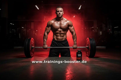 Muskulöser Athlet mit Langhantel und Fatburner-Booster im Fitnessstudio