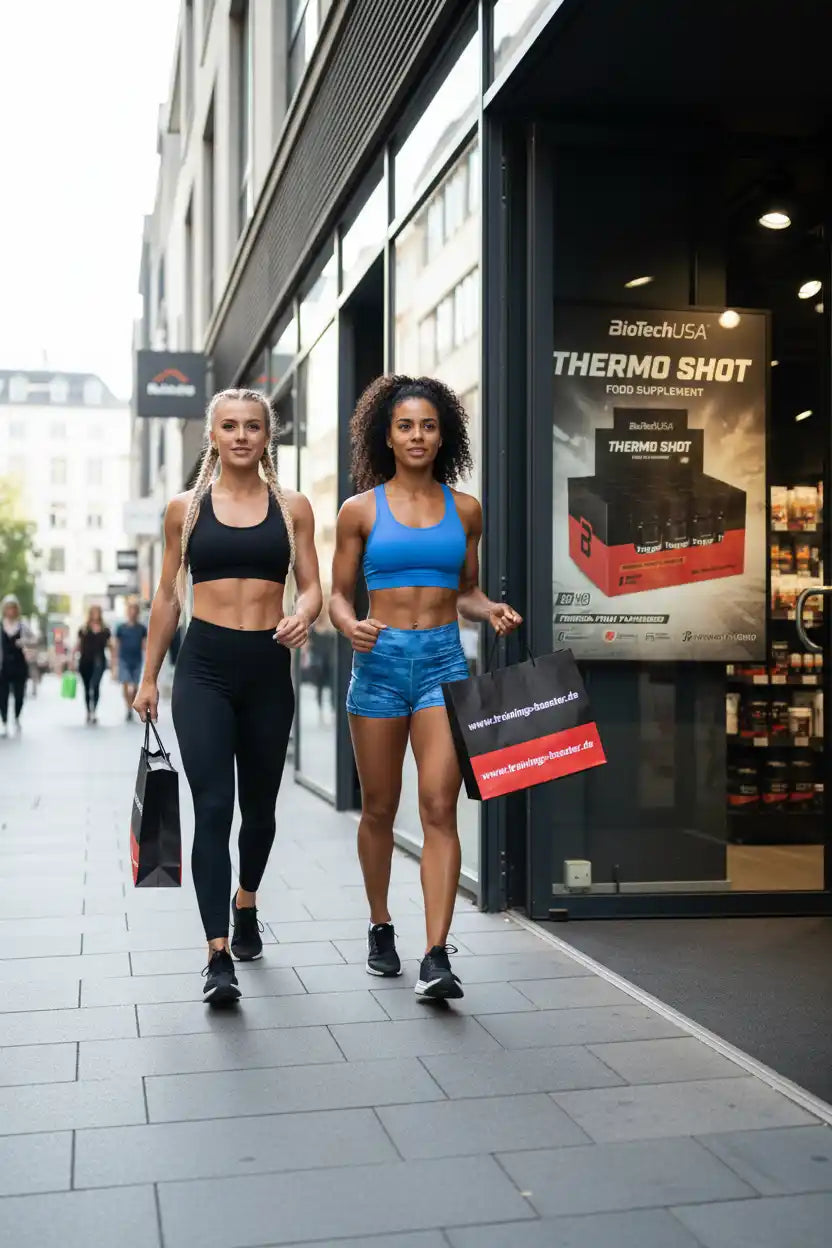 Zwei fitte Frauen in Sportbekleidung mit Einkaufstüten vor Fitness-Shop, Thermo Shot Werbung im Hintergrund