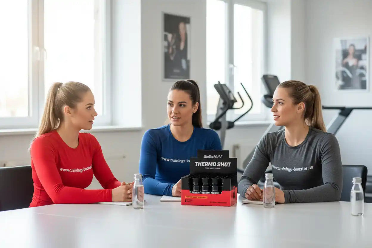 Drei Frauen diskutieren über Thermo Shot Booster im Fitnessstudio