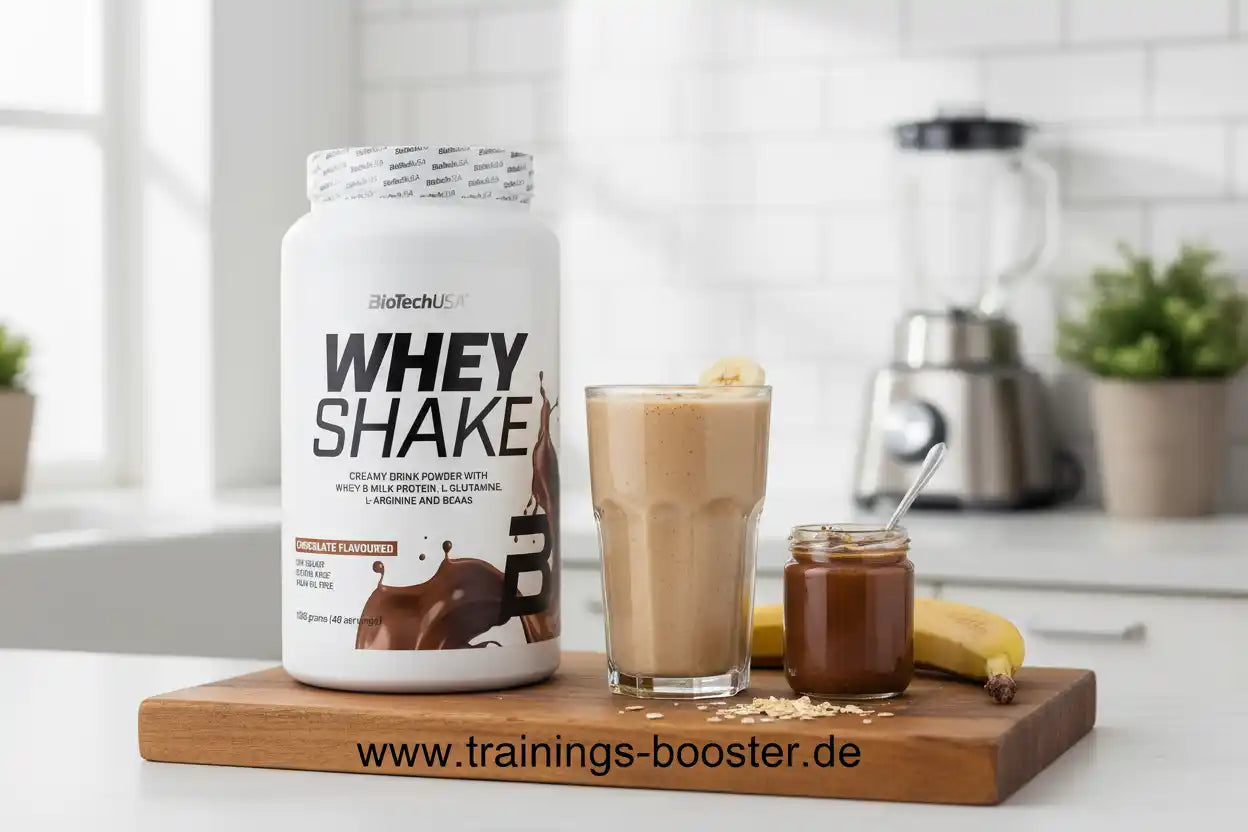BioTechUSA Whey Shake Schokolade mit Banane und Proteinshake im Glas, ideal für Sportler und Fitness