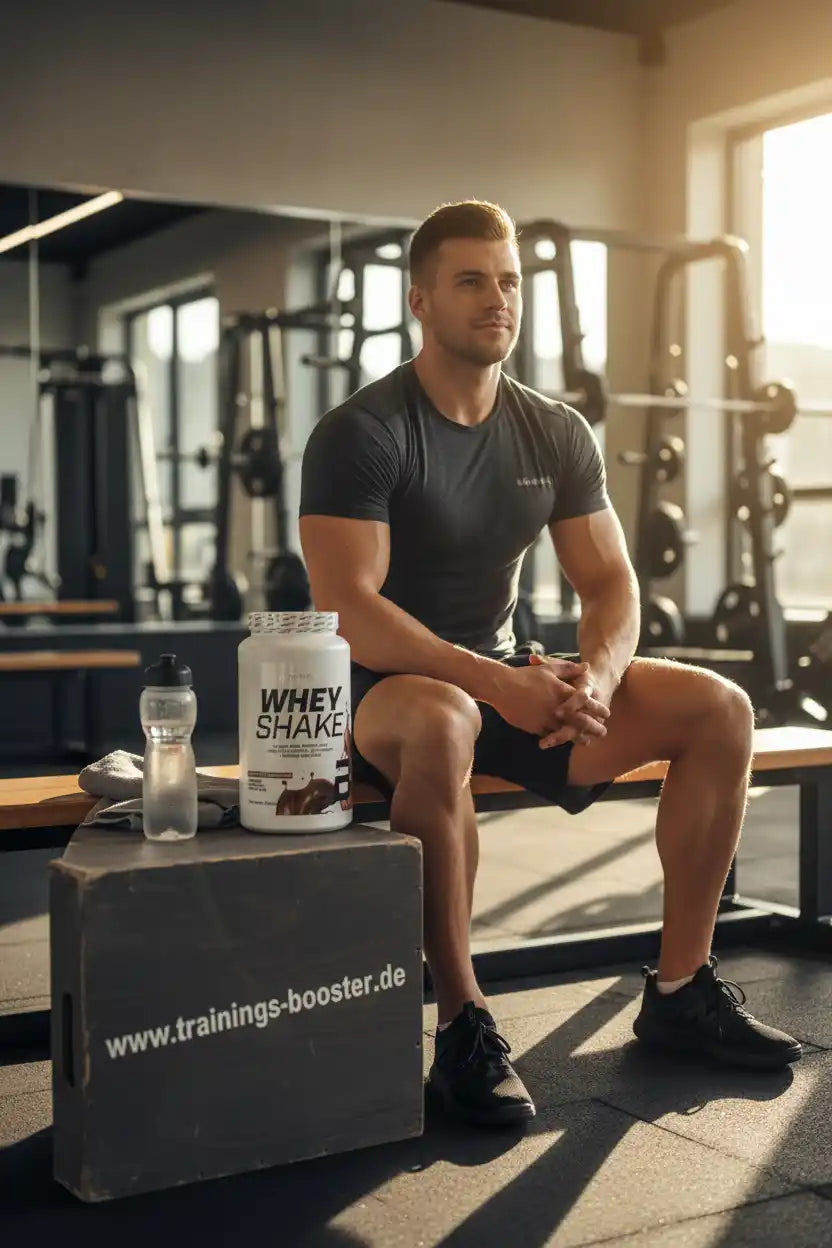 Muskulöser Mann im Fitnessstudio mit Whey Shake Proteinpulver und Trinkflasche, ideal für Sportnahrung und Training