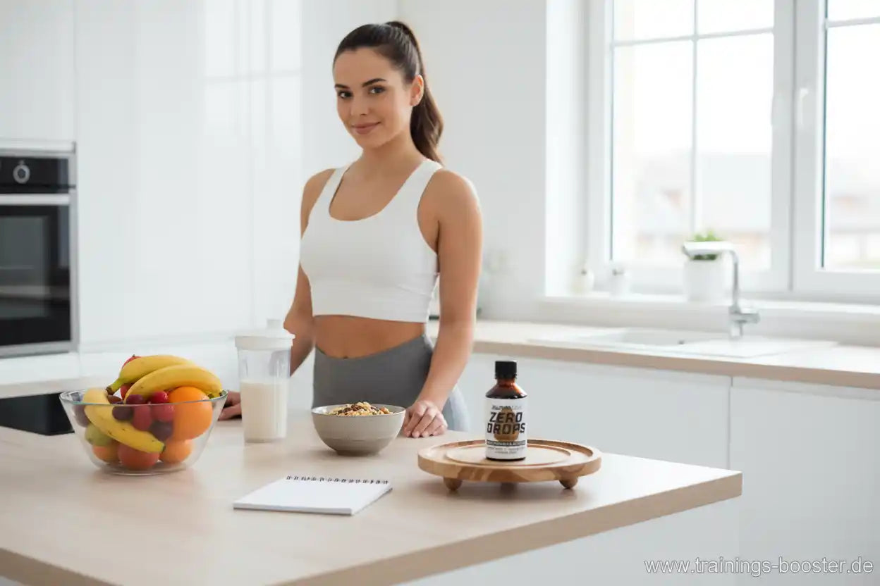 Frau mit Sportnahrung, Obst und Zero Drops in moderner Küche – gesunde Ernährung & Fitness