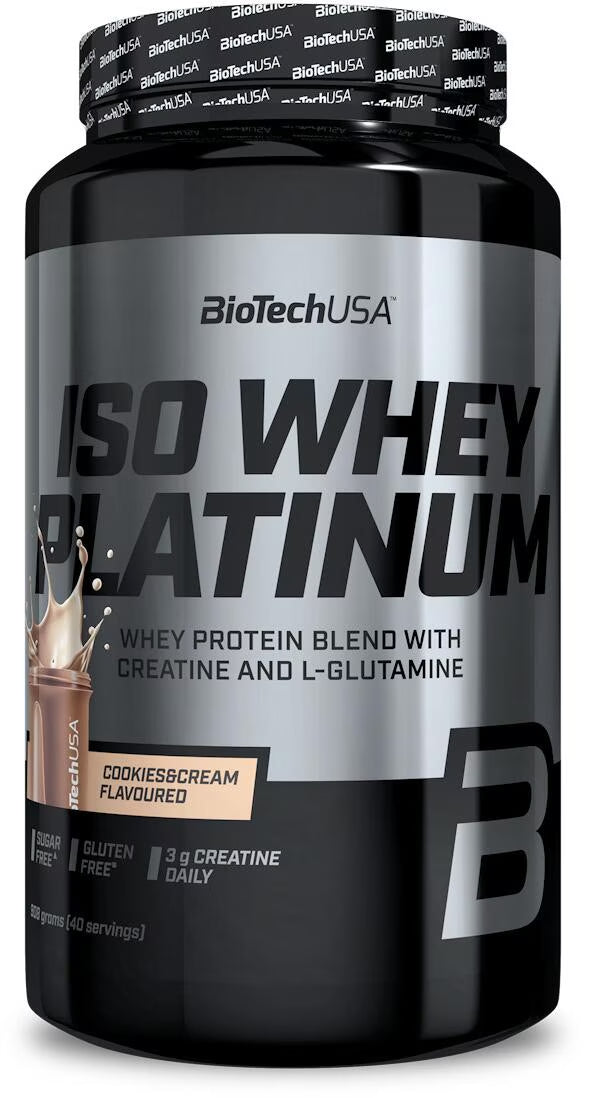 BioTech USA Iso Whey Platinum Molkenprotein-Pulver, Geschmack Cookies & Cream, 908g Dose