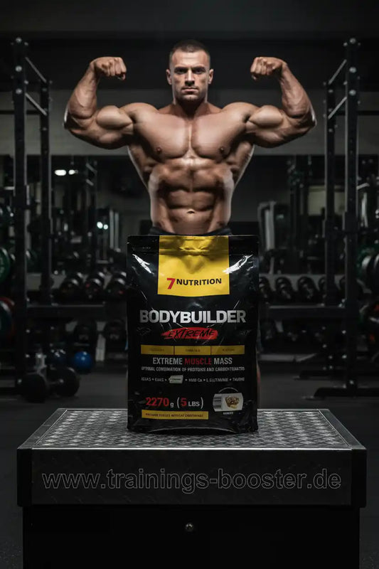 Muskulöser Mann mit Bodybuilder Extreme von 7Nutrition im Fitnessstudio