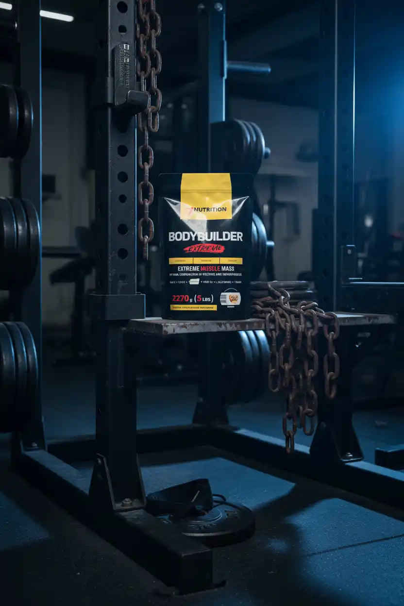 Bodybuilder Extreme Muscle Mass Supplement in Gym Setting mit Gewichten und Ketten