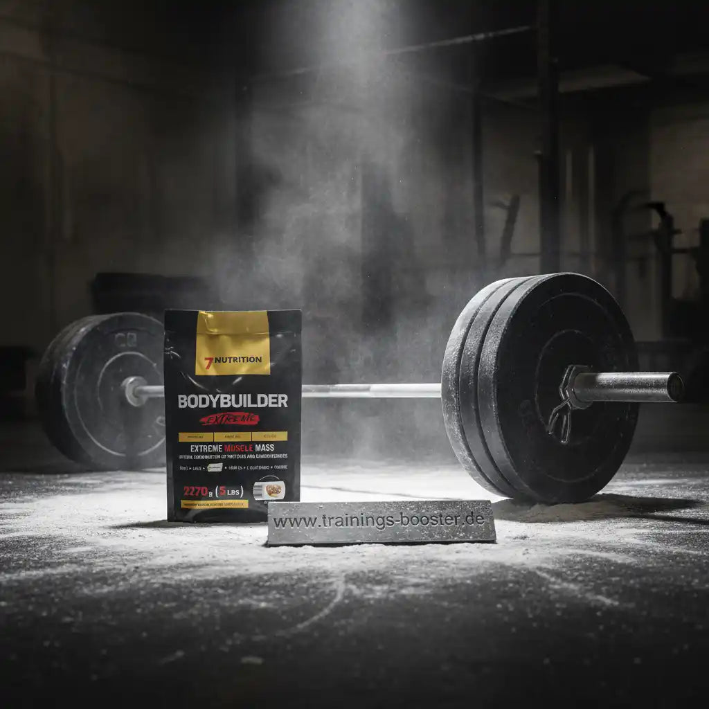 Bodybuilder Extreme Muscle Mass Supplement mit Hantel im Fitnessstudio