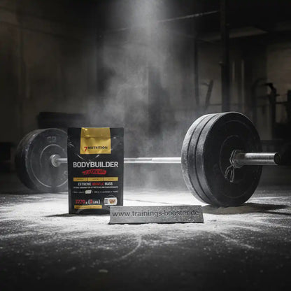 Bodybuilder Extreme Muscle Mass Supplement mit Hantel im Fitnessstudio