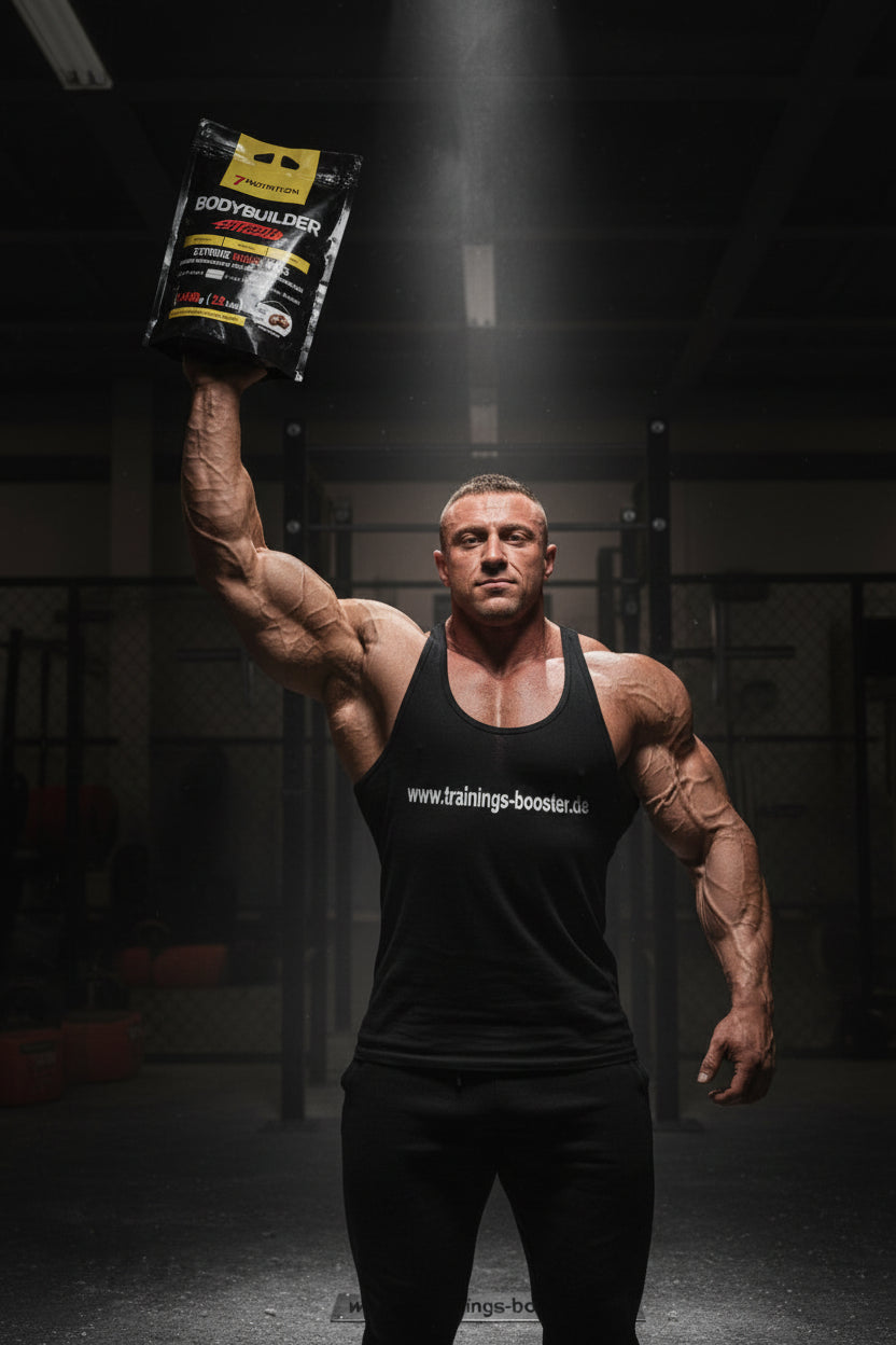 Muskulöser Bodybuilder hält Bodybuilder-Booster-Paket hoch im Fitnessstudio