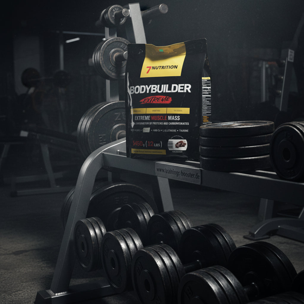 7Nutrition Bodybuilder Extreme Muscle Mass Supplement im Fitnessstudio mit Hanteln