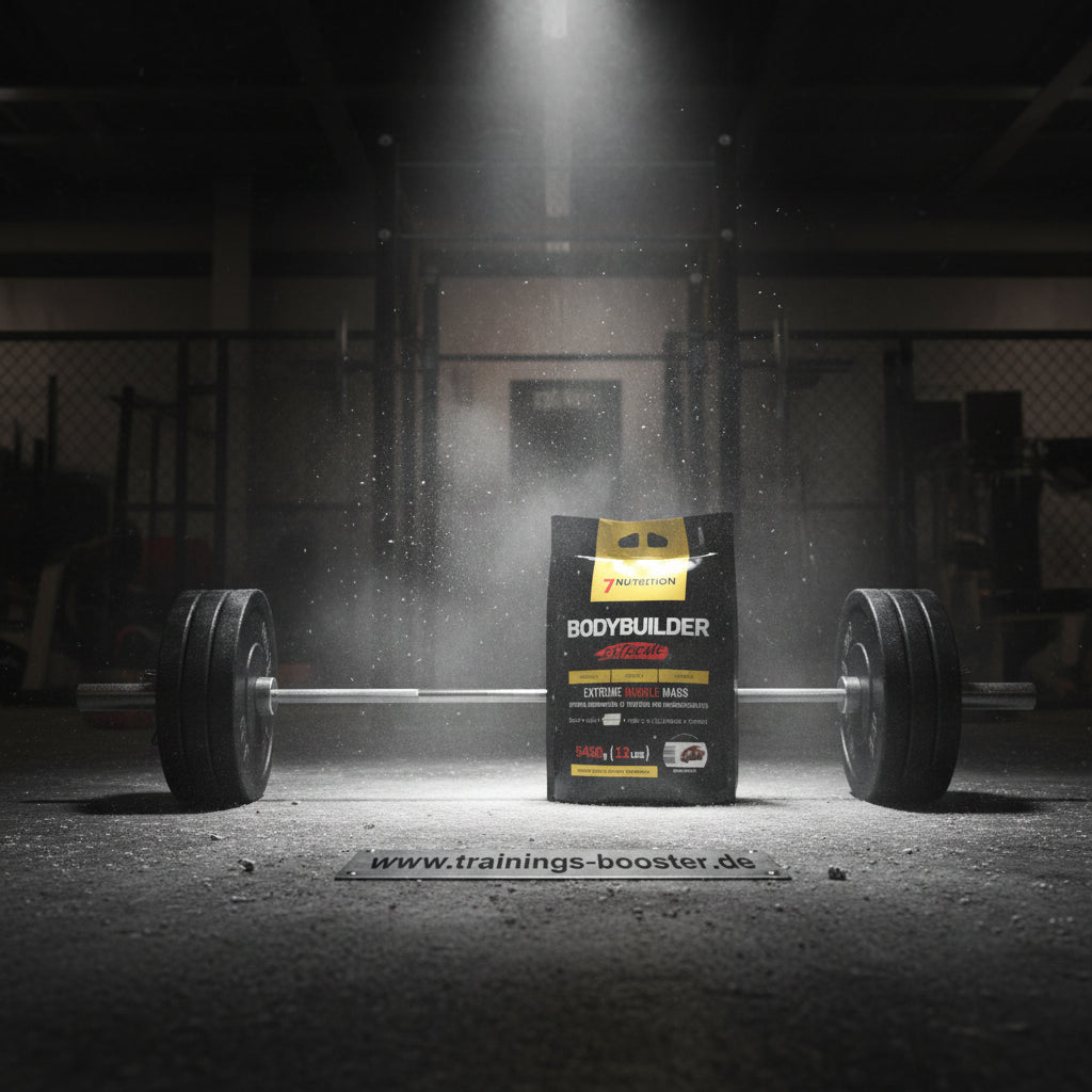 Bodybuilder Mass Gainer von 7Nutrition vor Hantel im Fitnessstudio, ideal für Muskelaufbau und Training