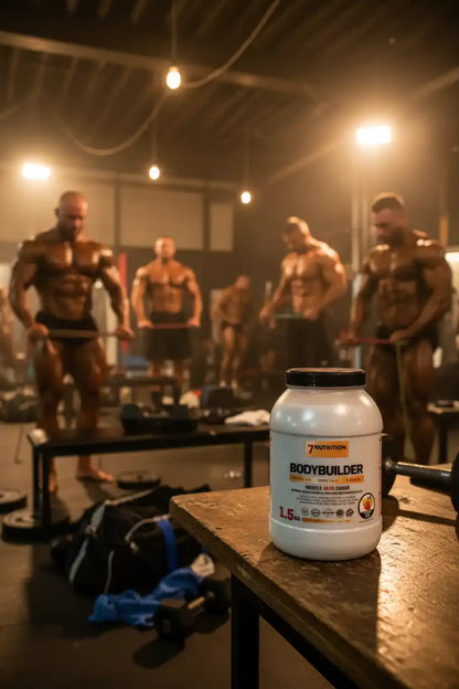 Bodybuilder-Muskelbooster von 7Nutrition im Fitnessstudio mit Athleten