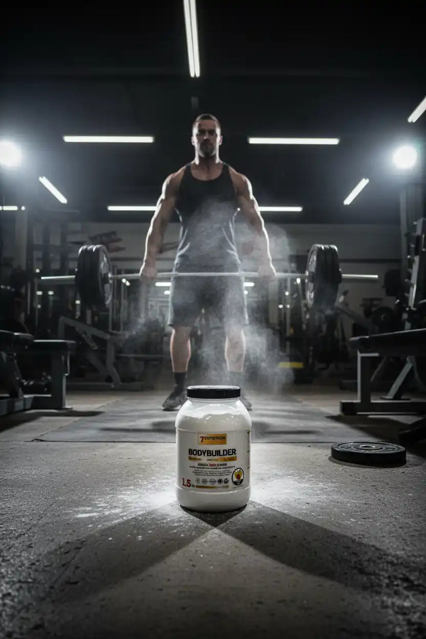 Muskulöser Mann im Fitnessstudio mit Bodybuilder-Proteinpulver im Vordergrund