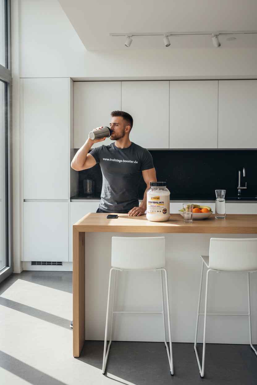 Mann trinkt Proteinshake in moderner Küche mit Nahrungsergänzungsmitteln