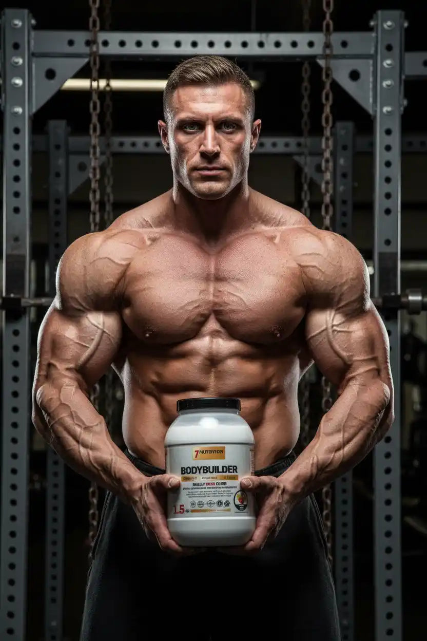 Muskulöser Athlet mit Bodybuilder Protein Pulver im Fitnessstudio
