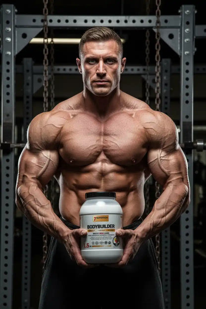 Muskulöser Athlet mit Bodybuilder Protein Pulver im Fitnessstudio