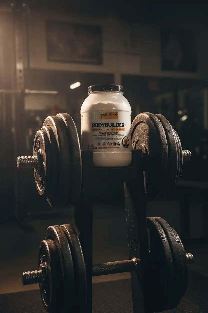 Bodybuilder Protein Powder mit Hanteln im Fitnessstudio