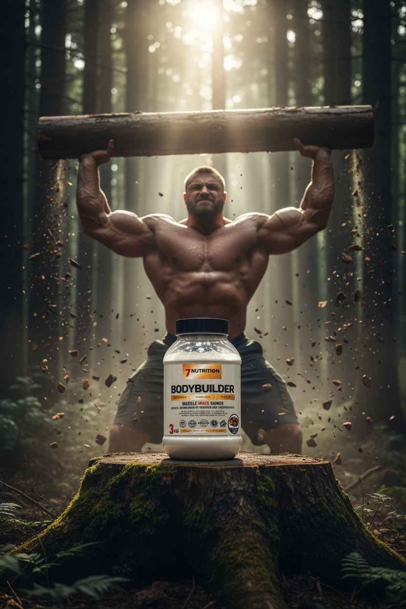 Bodybuilder mit Muskelmasse im Wald, 7Nutrition Bodybuilder Protein-Pulver auf Baumstumpf