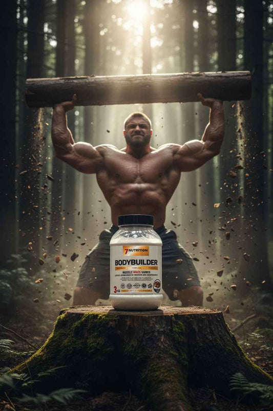 Bodybuilder mit Muskelmasse im Wald, 7Nutrition Bodybuilder Protein-Pulver auf Baumstumpf