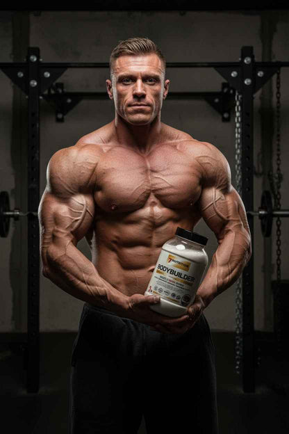 Muskulöser Mann mit Bodybuilder-Protein-Pulver im Fitnessstudio, ideal für Muskelaufbau und Training