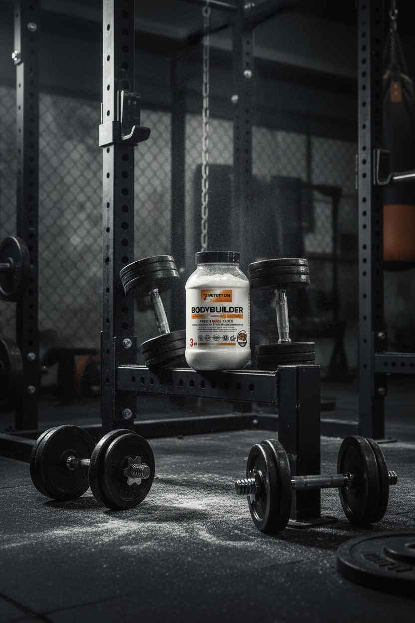 Bodybuilder Proteinpulver in Fitnessstudio mit Hanteln und Kraftgeräten für Muskelaufbau und Training