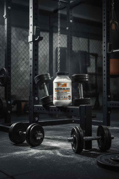 Bodybuilder Proteinpulver in Fitnessstudio mit Hanteln und Kraftgeräten für Muskelaufbau und Training