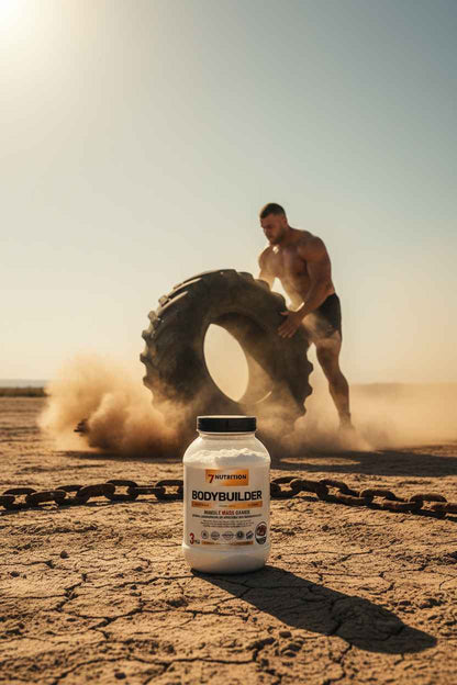 Bodybuilder Mass Gainer von 7Nutrition vor Muskelmann mit Reifen im Sand
