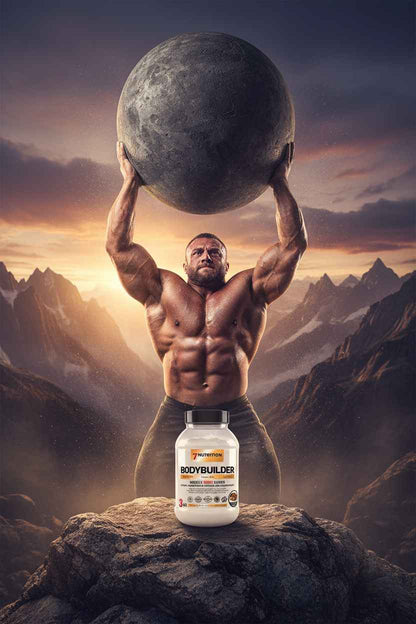 Muskulöser Athlet hebt Riesenball, vor ihm Bodybuilder Nahrungsergänzungsmittel auf Felsen