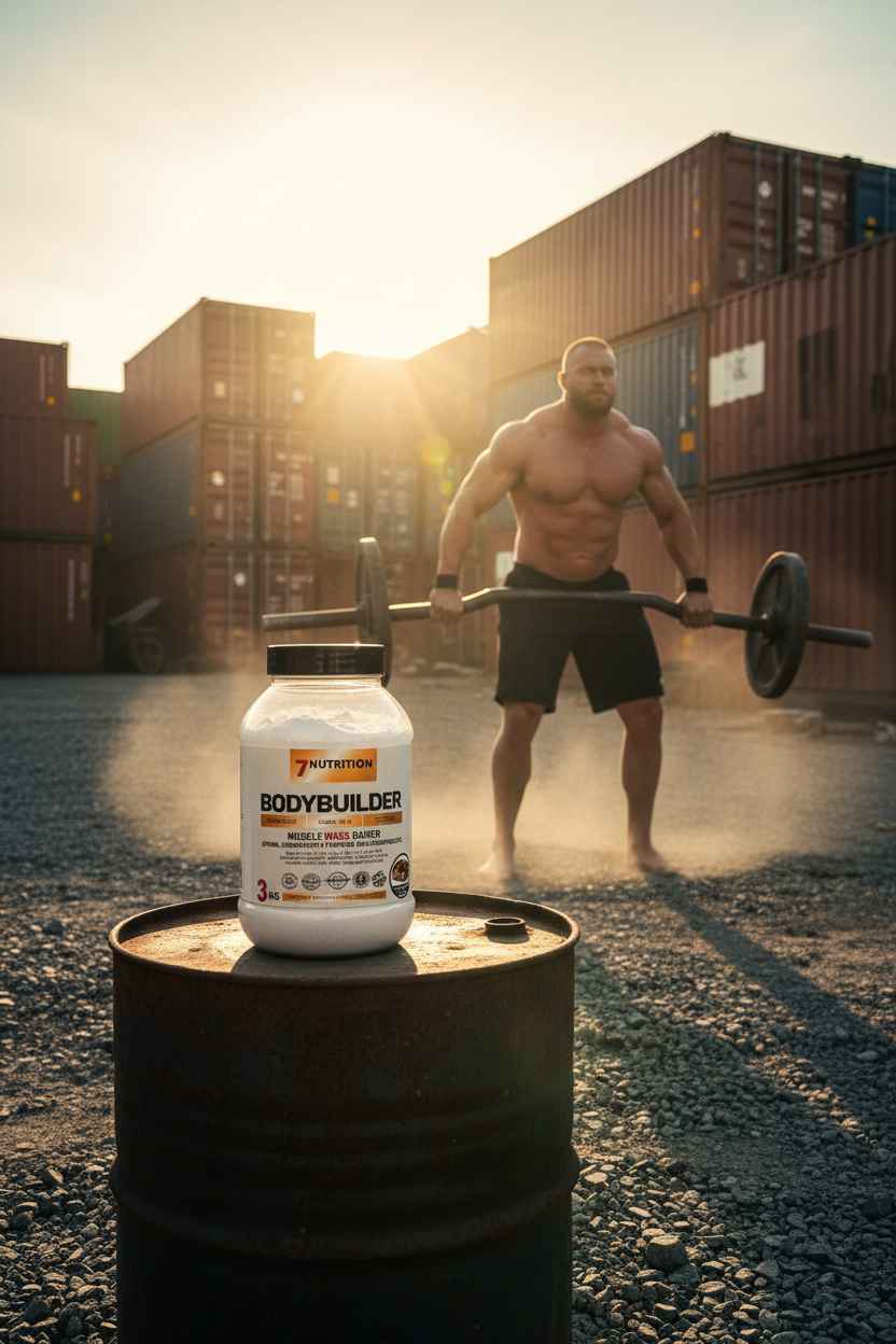 7Nutrition Bodybuilder Muskelaufbau-Pulver vor muskulösem Mann mit Langhantel im Hafen