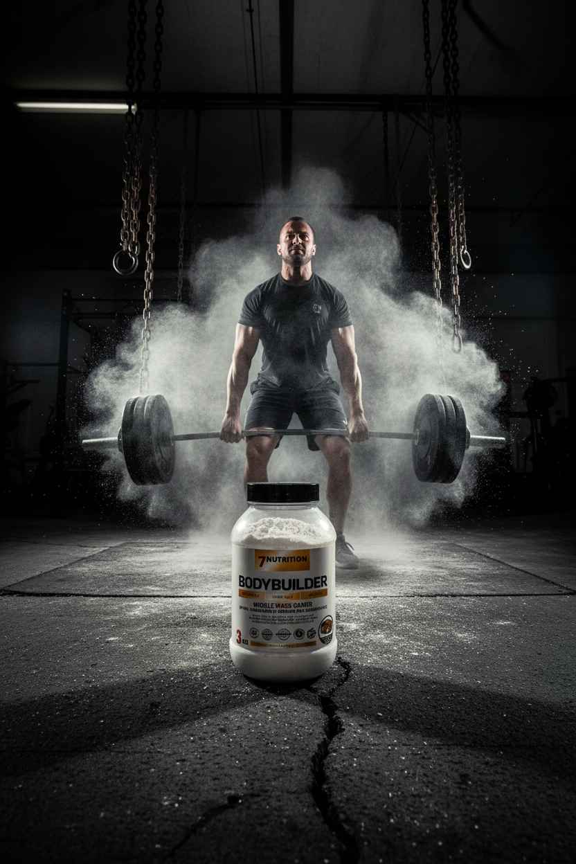 Bodybuilder mit Gewicht und 7Nutrition Bodybuilder Pulver im Fitnessstudio