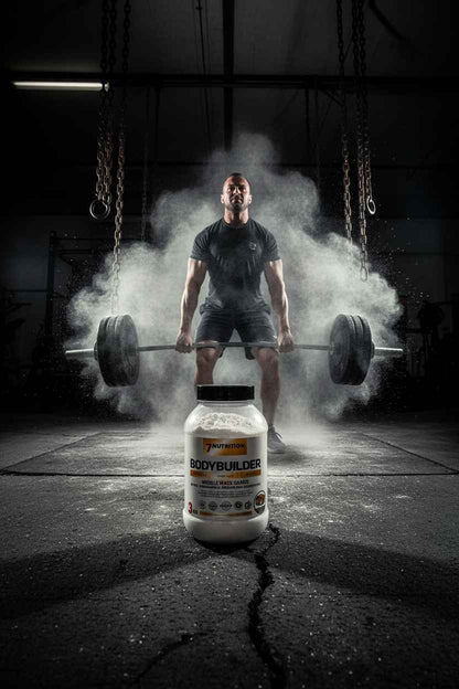 Bodybuilder mit Gewicht und 7Nutrition Bodybuilder Pulver im Fitnessstudio