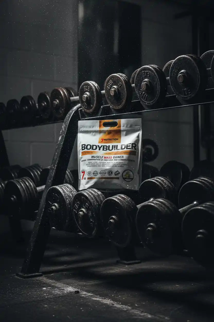 Bodybuilder Muscle Mass Gainer von 7Nutrition vor Hanteln im Fitnessstudio