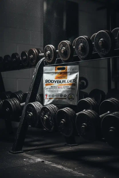 Bodybuilder Muscle Mass Gainer von 7Nutrition vor Hanteln im Fitnessstudio
