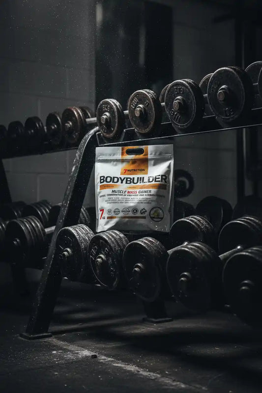 Bodybuilder Muscle Mass Gainer von 7Nutrition vor Hanteln im Fitnessstudio